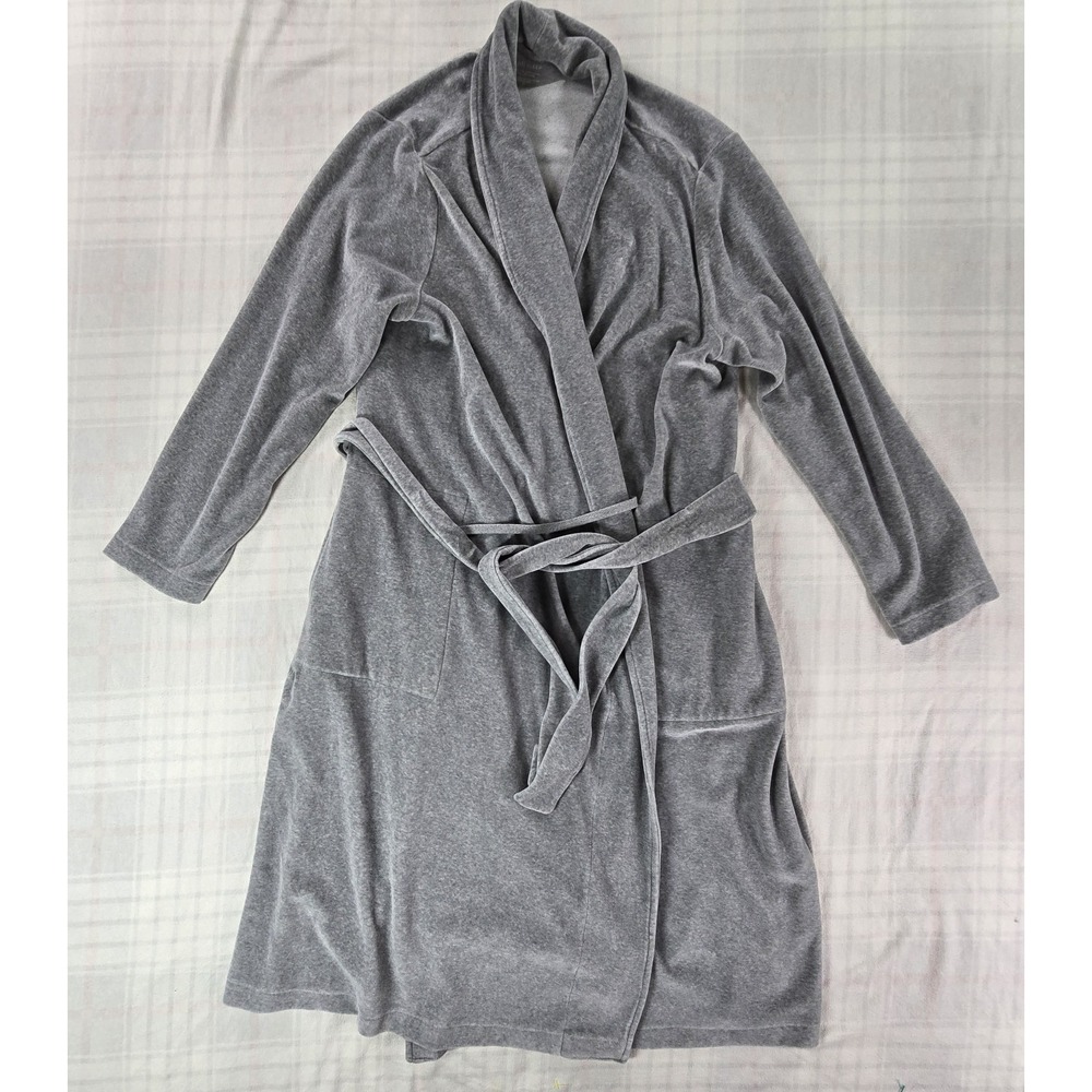 J Jill Sleep Shawl Collar Velour Tie-Waist Robe Pockets Gray XL